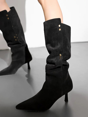 ブラック スエードミッドカーフブーツデザインポインテッドトゥキトンヒールスラウチブーツ