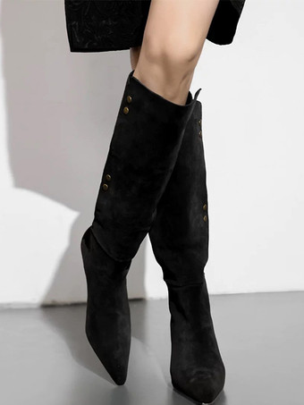 スエードミッドカーフブーツデザインポインテッドトゥキトンヒールスラウチブーツ
