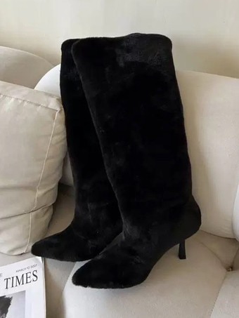 negro Botas de invierno de piel sintética de color blanco de media pantorrilla con punta en punta y tacón de aguja