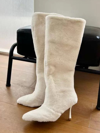 blanco Botas de invierno de piel sintética de color blanco de media pantorrilla con punta en punta y tacón de aguja