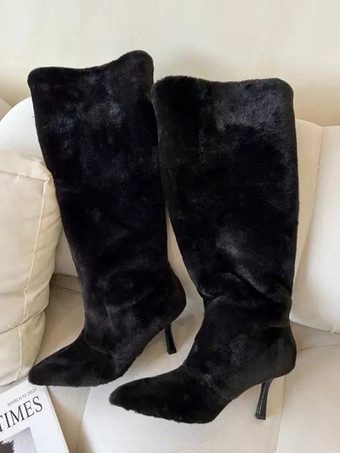 Botas de invierno de piel sintética de color blanco de media pantorrilla con punta en punta y tacón de aguja