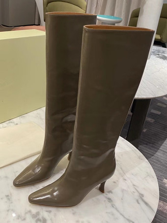 オリーブカラーエクリュ ホワイト ミッドカーフブーツ レディース ポインテッドトゥ スティレットヒールブーツ