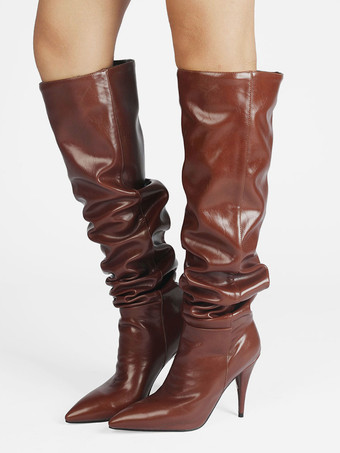 ディープブラウンレディース スラウチブーツ ポインテッドトゥ スティレットヒール ミッドカーフブーツ