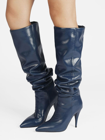 ブルー レディース スラウチブーツ ポインテッドトゥ スティレットヒール ミッドカーフブーツ