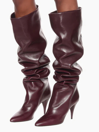 ワインレッド レディース スラウチブーツ ポインテッドトゥ スティレットヒール ミッドカーフブーツ