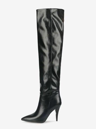 ブラック レディース スラウチブーツ ポインテッドトゥ スティレットヒール ミッドカーフブーツ