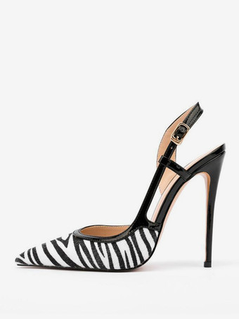 ブラック レディース ハイヒール ジブラ柄 ポインテッドトゥ スリングバック パンプス