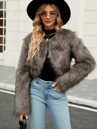 亜麻色フェイクファーコート 長袖 エレガント フェイクレザーコート Vネック シルバー 冬コート