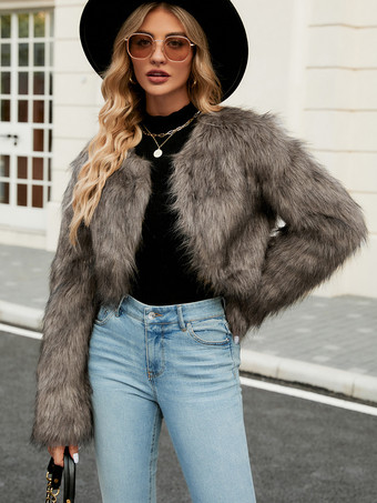 フェイクファーコート 長袖 エレガント フェイクレザーコート Vネック シルバー 冬コート