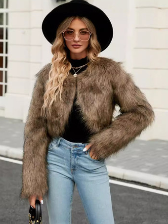 ブラウンフェイクファーコート 長袖 エレガント フェイクレザーコート Vネック シルバー 冬コート