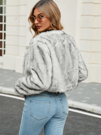 フェイクファーコート 長袖 エレガント フェイクレザーコート Vネック シルバー 冬コート