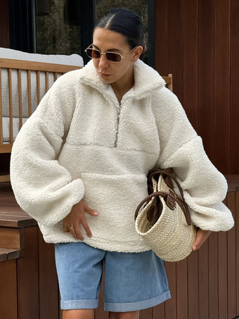 アイボリー 女性用パーカー エクリュ ホワイト 長袖 ポリエステル フード付き スウェットシャツ