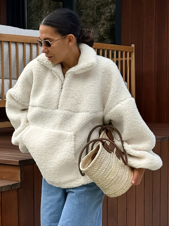 女性用パーカー エクリュ ホワイト 長袖 ポリエステル フード付き スウェットシャツ