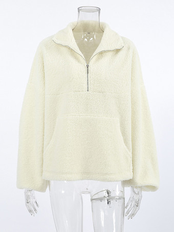 女性用パーカー エクリュ ホワイト 長袖 ポリエステル フード付き スウェットシャツ