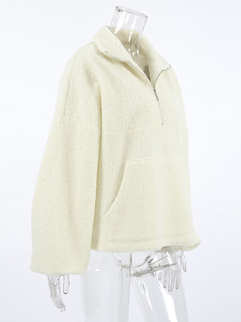 女性用パーカー エクリュ ホワイト 長袖 ポリエステル フード付き スウェットシャツ