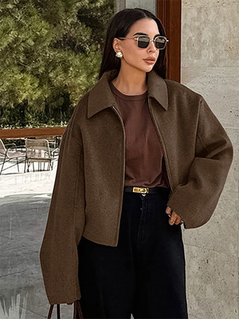 ブラウンレディースジャケット ターンダウンカラー ジッパー カジュアル ストリートウェア ブラウン 冬ジャケット