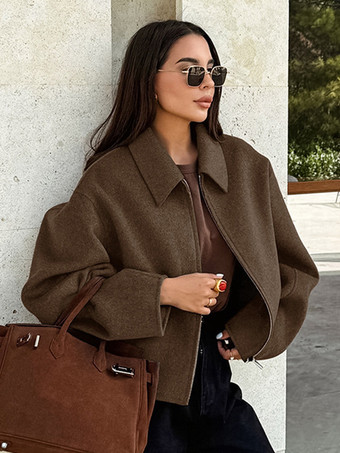 レディースジャケット ターンダウンカラー ジッパー カジュアル ストリートウェア ブラウン 冬ジャケット