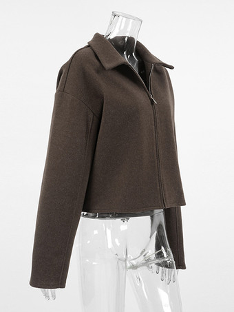 レディースジャケット ターンダウンカラー ジッパー カジュアル ストリートウェア ブラウン 冬ジャケット