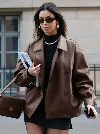 ブラウンレディースジャケット ターンダウンカラー フロントボタン シック ストリートウェア ブラウン ジャケット レディース