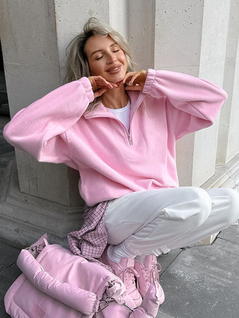 レディース パーカー ピンク 長袖 ポリエステル フード付き スウェットシャツ