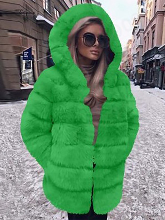 グリーン フード付きフェイクファーコート カジュアル 冬 ミディ ジャケット レディース 2025
