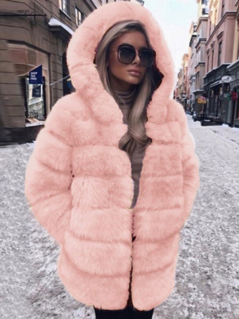 ピンクフード付きフェイクファーコート カジュアル 冬 ミディ ジャケット レディース 2025