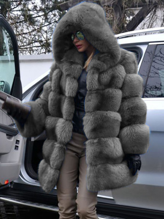 ダークグレー フード付きフェイクファーコート カジュアル 冬 ミディ ジャケット レディース 2025