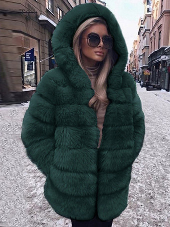 ダークグリーンフード付きフェイクファーコート カジュアル 冬 ミディ ジャケット レディース 2025