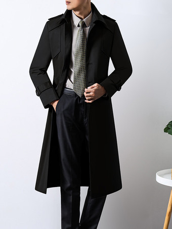 ブラック メンズ マキシ シングルブレスト カーキ スリムフィット トレンチコート