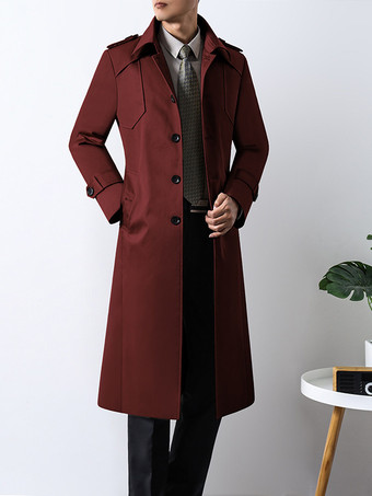 ワインレッド メンズ マキシ シングルブレスト カーキ スリムフィット トレンチコート