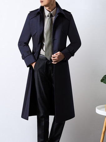 ディープブルーメンズ マキシ シングルブレスト カーキ スリムフィット トレンチコート