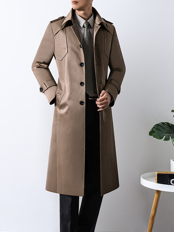 ブラウン メンズ マキシ シングルブレスト カーキ スリムフィット トレンチコート