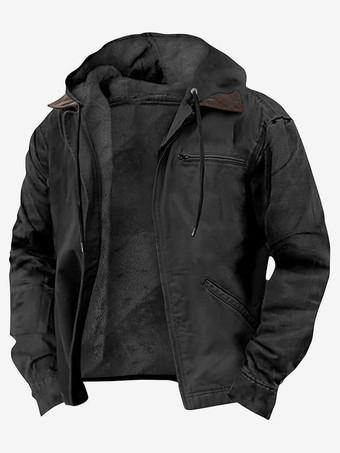 ブラック メンズ フード付きジャケット 裏地付き 暖かい冬用コート