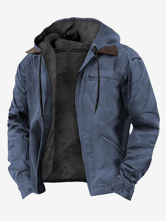 ブルー メンズ フード付きジャケット 裏地付き 暖かい冬用コート