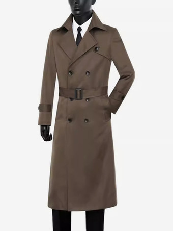ブラウン メンズ ダブルブレスト トレンチコート ラペル スリムフィット オーバーコート