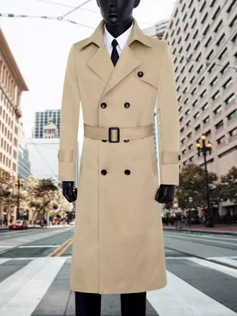 ライトブラウンメンズ ダブルブレスト トレンチコート ラペル スリムフィット オーバーコート