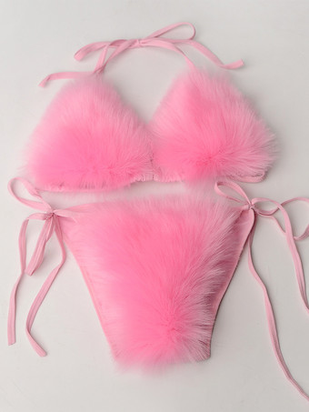 ピンク女性用ビキニ水着 ローズフェイクファー 夏用セクシー水着