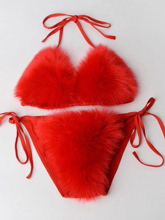 レッド 女性用ビキニ水着 ローズフェイクファー 夏用セクシー水着