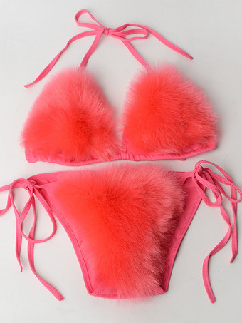 スイカ（レッド）女性用ビキニ水着 ローズフェイクファー 夏用セクシー水着