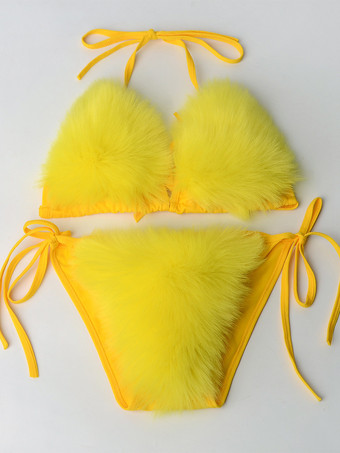 イエロー女性用ビキニ水着 ローズフェイクファー 夏用セクシー水着