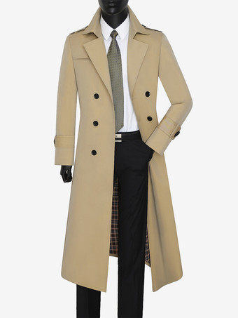 カーキ メンズ ダブルブレスト ラペル カジュアル モダン ロングライン コート