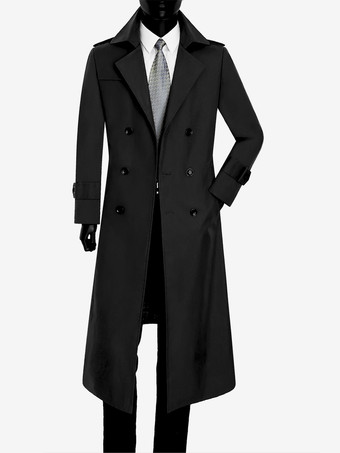 ブラック メンズ ダブルブレスト ラペル カジュアル モダン ロングライン コート