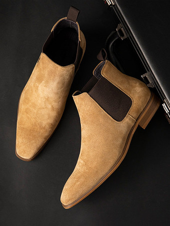 メンズブーツ チェルシーブーツ カーキ 牛革 ラウンドトゥ アンクルショートブーツ