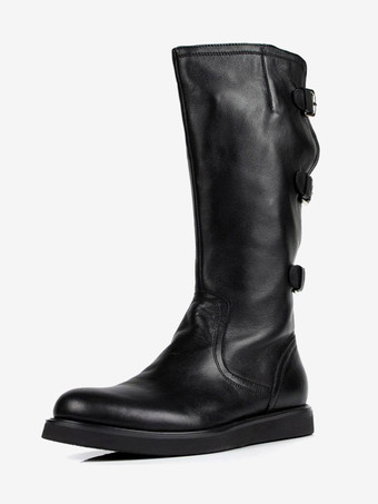 negro Botas altas hasta la rodilla con hebilla para hombre de cuero auténtico estilo vaquero estilo western y motociclista
