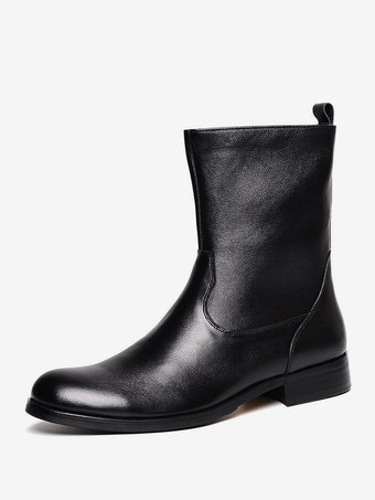 Black Men's Mid Calf Boots Cowhide Chic Coffee Brown Short Boots