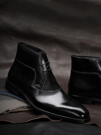 メンズ ドレスブーツ ブラック 牛革 レースアップ スクエアトゥ アンクルブーツ