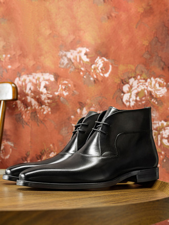 メンズ ドレスブーツ ブラック 牛革 レースアップ スクエアトゥ アンクルブーツ