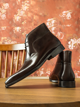 メンズ ドレスブーツ ブラック 牛革 レースアップ スクエアトゥ アンクルブーツ