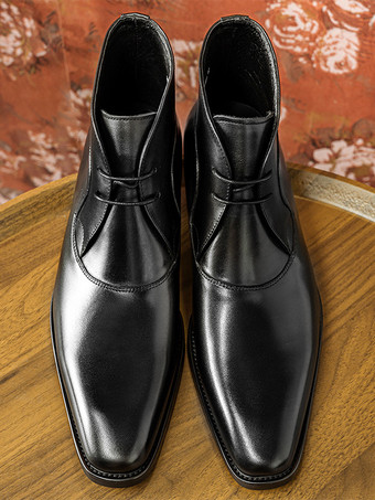 メンズ ドレスブーツ ブラック 牛革 レースアップ スクエアトゥ アンクルブーツ