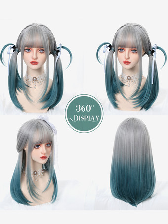 女性用ロングウィッグ シアン ストレート 耐熱ファイバー グラマラス 乱れたロング 合成ウィッグ